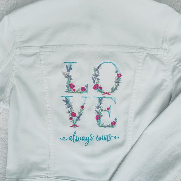 White Denim Jean Jacket-"Love Always Wins" - Picture 4 of 4